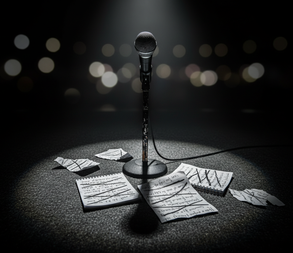 A battered, matte-black microphone on a slender stand, its metal grille scarred and scuffed, dominates a small patch of stage floor covered in worn charcoal carpet. Torn notebook pages lie scattered around the base, filled with jagged handwritten lines of poetry and crossed-out phrases. A single, harsh spotlight from above carves out a tight circle of white light, leaving the surrounding venue in deep, velvety darkness. Shadows of the stand stretch long and distorted, evoking tension and vulnerability. Shot in photographic realism from a low, forward angle at stage level, with shallow depth of field so the background dissolves into abstract bokeh. The mood is bold, raw, and expectant, as if a seismic performance is about to erupt into the silence.